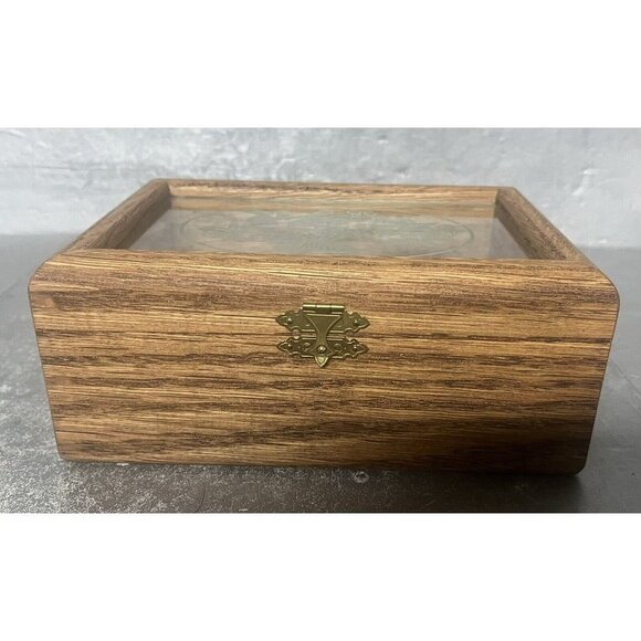 VTG‎ Wooden Hinged Jewelry Trinket Box Flowers Butterfly Glass Top Mirror Bottom - Picture 2 of 7